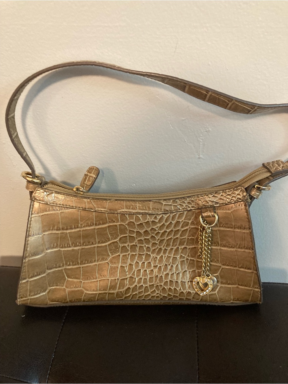Worthington Gold Croc-Embossed Shoulder Bag with Heart Charm